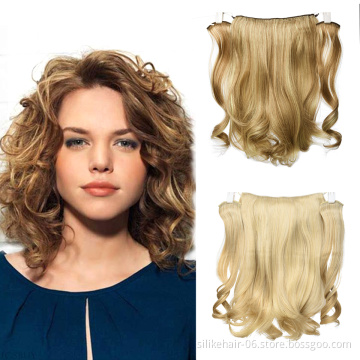 Silky Women 18Inch Blonde Brown Soft Wavy 9 Clips Piece Invisible Wire Three Hairpieces Fish Line Synthetic Hair Extensions